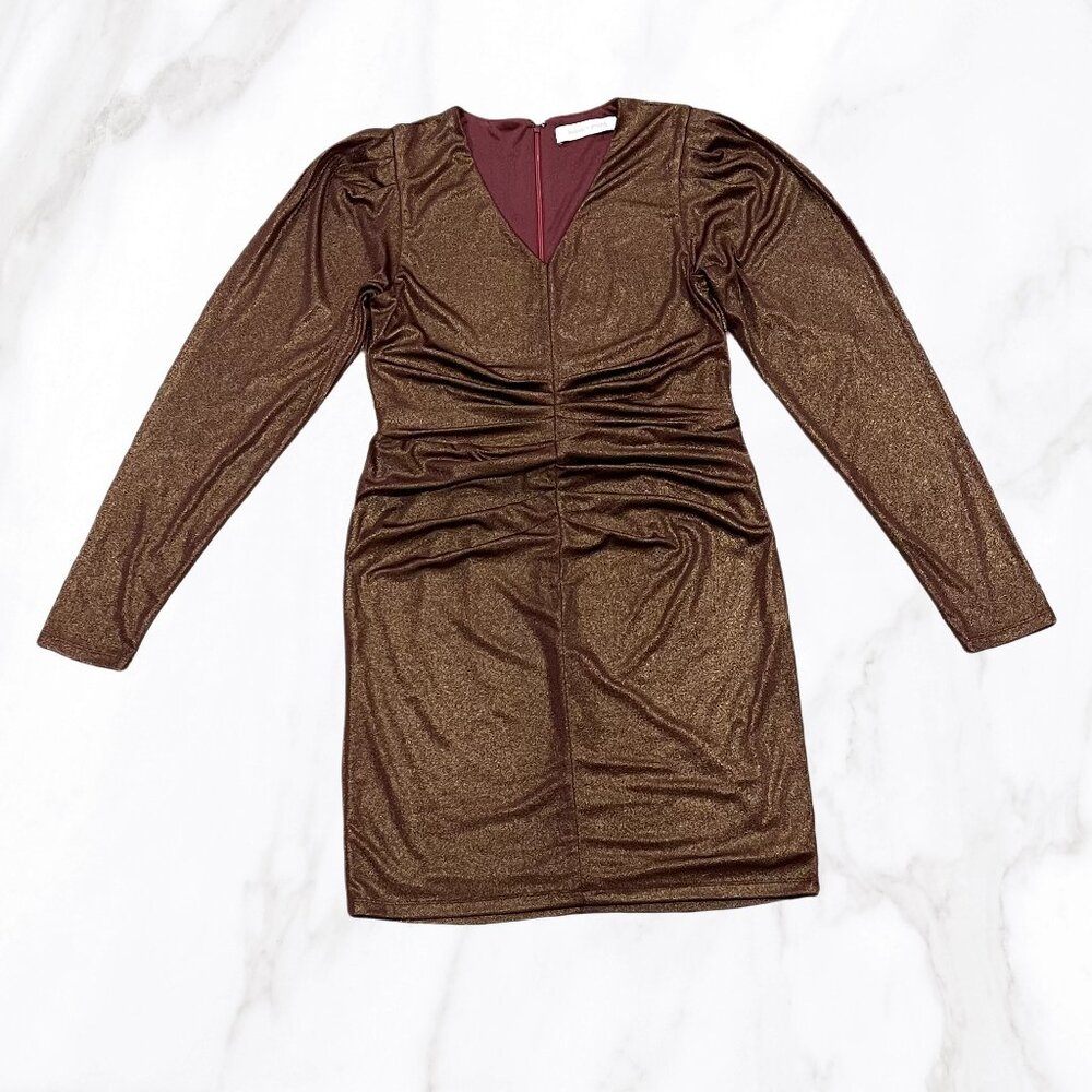Bishop + Young Women's Metallic‎ Burgundy Ruched Long Sleeved Dress, Size S